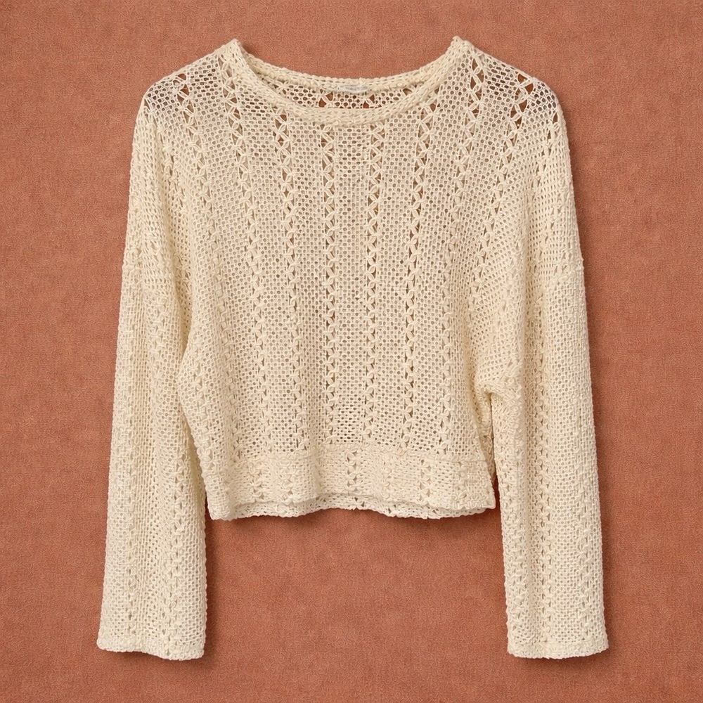 Zara Cream Open Knit Crochet Sweater | Cropped Boho Pullover - S - Picture 2 of 5